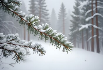 A snowy winter landscape with blurred pine tree branches in the foreground and a soft, hazy background with falling snowflakes.