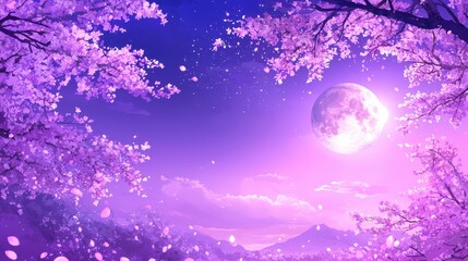 Fototapeta premium Pink Sakura Blossom Trees Under Full Moon Night Sky