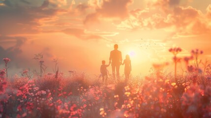 Fototapeta premium Family Enjoying a Beautiful Sunset in a Flower Field - Happiness and Togetherness in Nature - Perfect for Travel and Lifestyle Concepts