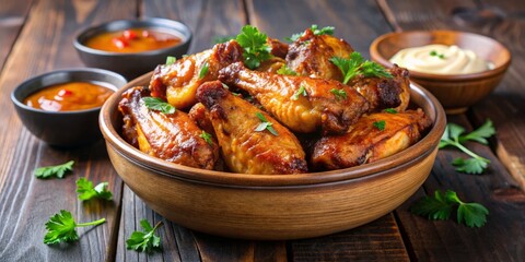 Roasted golden-brown chicken wings served in a bowl, perfect for dipping in savory sauces of your choice.