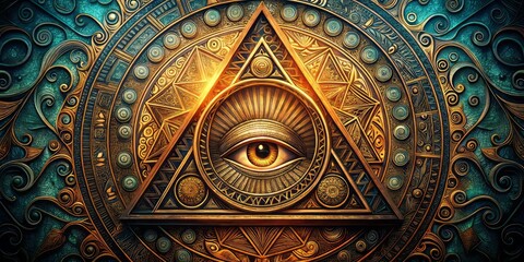 A mysterious, ornate symbol featuring a pyramid, all-seeing eye, and intricate geometrical patterns, conveying secrecy,