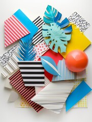 Fototapeta premium Vibrant Abstract Collage Art with Geometric Shapes, Stripes, and Tropical Leaves on White Background