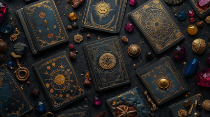 Witchy Tarot Cards Pattern, cards surrounded by witchy elements such as potions, crystals, and magic wands, Halloween, with copy space