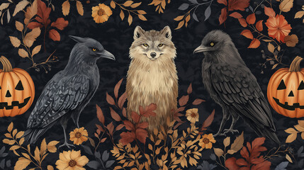 Animal Tarot Cards Pattern, a creative design with Tarot cards depicting animals like wolves, owls, and ravens, Halloween, with copy space