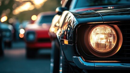 Close-up of classic car with prominent headlights, blurred background