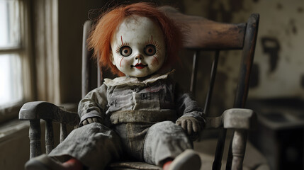 Halloween doll with a scary mask and evil face statue sitting in a rocking chair, with a haunted atmosphere 