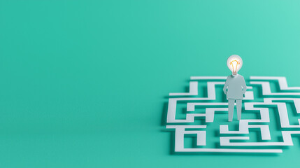 Paper Cutout Figure with Lightbulb Head Standing on Maze Representing Creative Problem-Solving