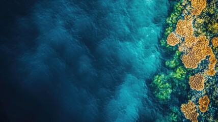 Obraz premium Aerial view of vibrant coral reef and deep blue ocean water
