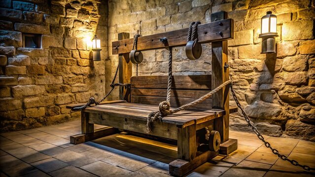 An antique wooden torture device with metal clasps and ropes, used for medieval punishment, stands ominously in a