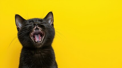 Black Cat Yawning on Yellow Background