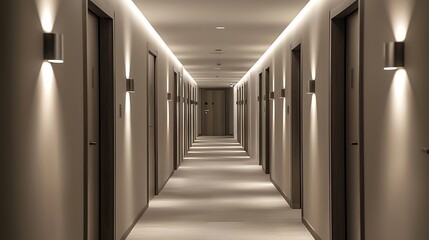 Hotel hallway, long and sleek with soft lighting, enhancing the ambiance.