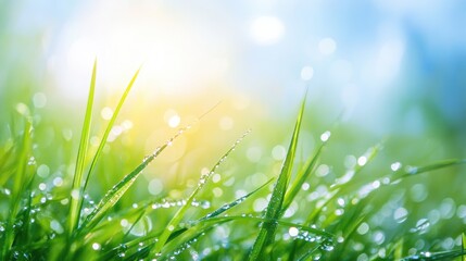 Obraz premium A close-up of dew-kissed green grass blades with a soft-focus blue sky in the background.