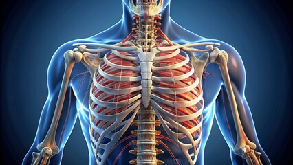 Anatomy illustration of the human rib cage, showcasing the intricate details of the thoracic vertebrae, sternum, and