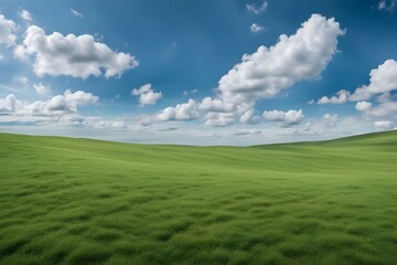A vast green meadow under a clear blue sky with scattered fluffy clouds, Ai Generated