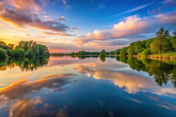 evening lake landscape in calm weather