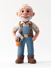 Fototapeta premium A cheerful elderly man in overalls holding a bucket, depicting a friendly farmer character.