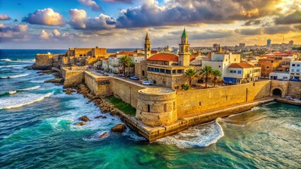 Naklejka premium Ancient city walls and fortifications surround the bustling port city of Acre, with its rich history and diverse