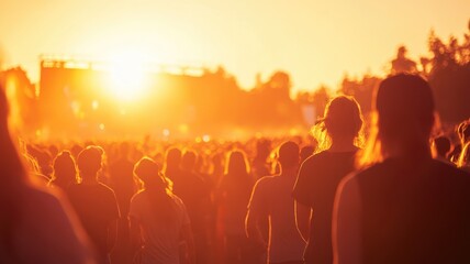 Crowd enjoying sunset at outdoor music festival