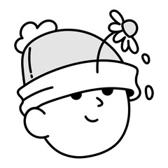 Hand drawn icon of winter boy wearing a beanie with a flower on it 

