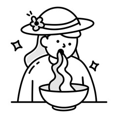 Hand drawn icon depicting a girl eating noodles 

