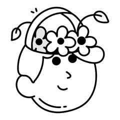 Sketchy style icon of nature lover boy with flowers on head 