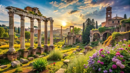 Fototapeta premium Ancient crumbling columns and arches rise majestically from the sun-drenched earth, surrounded by lush greenery and