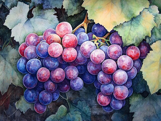 Watercolor artwork of a bunch of grapes with detailed shading, perfect pastel tone, whimsical style, high resolution, professional create, very detailed, high quality