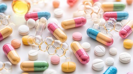 Colorful Capsules and Pills on White Background