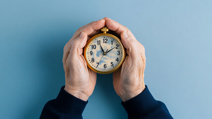 Elderly hands holding vintage clock, symbolizing passage of time and nostalgia. clock features classic design with clear numbers, evoking sense of reflection and memory