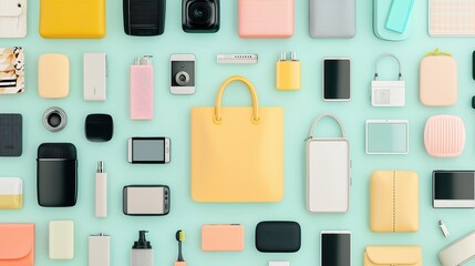 Flat Lay of Trendy Accessories on Pastel Blue Background