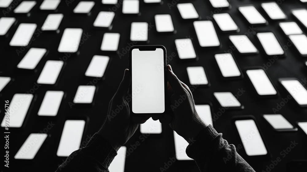 Wall mural image features person holding smartphone in dark environment filled with multiple blank phone screen
