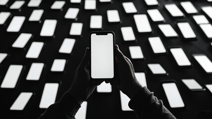 image features person holding smartphone in dark environment filled with multiple blank phone screens, creating striking visual of infinite scrolling content