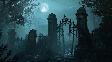 A shadowy graveyard scene with gothic tombstones and iron gates, bathed in moonlight, with dark figures and ghostly mist adding a spooky and mysterious Halloween vibe 