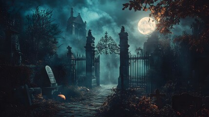 A shadowy graveyard scene with gothic tombstones and iron gates, bathed in moonlight, with dark figures and ghostly mist adding a spooky and mysterious Halloween vibe 