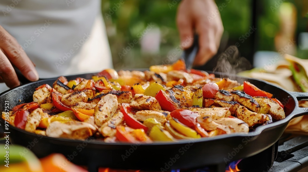 Poster Chicken fajitas being served on a sizzling cast-iron pan