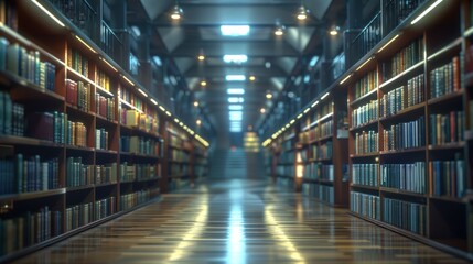 Fototapeta premium A serene aisle between bookshelves in a modern library, showcasing soft lighting and a warm ambiance.