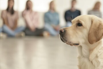 Dog obedience school featuring trainers guiding dogs. Structured training exercises. Discipline, behavior modification, and positive reinforcement. Better behavior and owner-pet relationships.