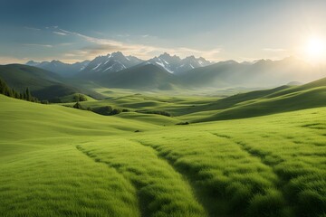 Fototapeta premium Green meadow with gentle slopes leading to a distant mountain range under a bright afternoon sun, AI Generated