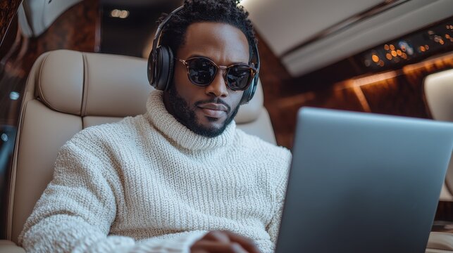 Affluent Black man in a white sweater and headphones working on a laptop inside a private jet, high-resolution photograph capturing a luxurious and stylish scene.

