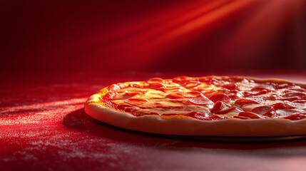 A pizza with pepperoni on it is sitting on a red table. The pizza is the main focus of the image, and it is freshly made. The red table and the pizza's bright red toppings create a warm