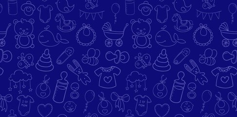 seamless patterns with cute baby clothes and accessories dark blue colors backgrounds for a baby shower invitations, baby girl and baby boys fabric printing, patterned fills, webs pages childish