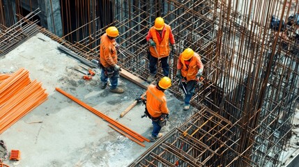 Fototapeta premium Skilled construction workers using specialized tools on a high-rise building project