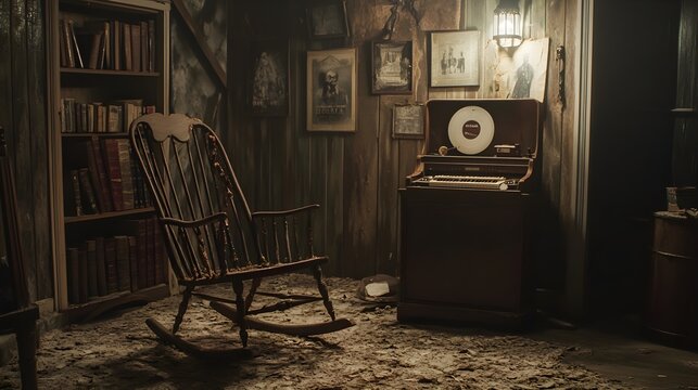 A vintage-style Halloween scene with a dusty attic filled with old horror movie posters, a creaky rocking chair, and a gramophone playing eerie tunes, creating a nostalgic yet chilling atmosphere 