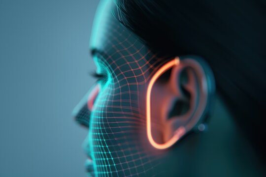 Bioluminescent E-Skin Earbuds Enhancing Inner Ear. Futuristic Medical Sci-Fi Aesthetic Visualizes Next-Gen Hearing Technology at Cellular Level. Revolutionary Hearing Enhancement. Biotech with Sci-Fi.