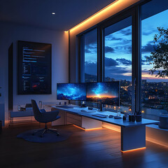 Modern Home Office with City Skyline View 3D Illustration