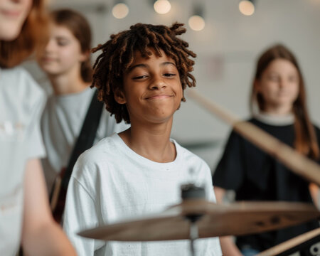 A group of teenagers participating in a music workshop, representing positive outlets for creativity and teamwork, with various musical instruments and a collaborative atmosphere