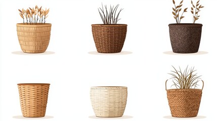 Set of   Hand Woven Wicker Baskets with Plants