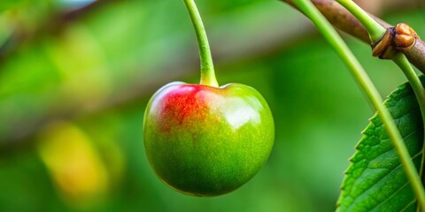 The small, round unripe cherry boasts a smooth, unblemished green skin and a sturdy stem, promising a juicy