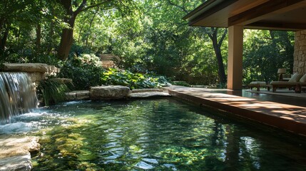 Naklejka premium Tranquil Pool and Waterfall in Lush Garden