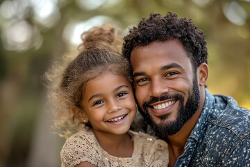 A father and daughter smile happily at the camera, their faces illuminated by the warmth of a sunny day.